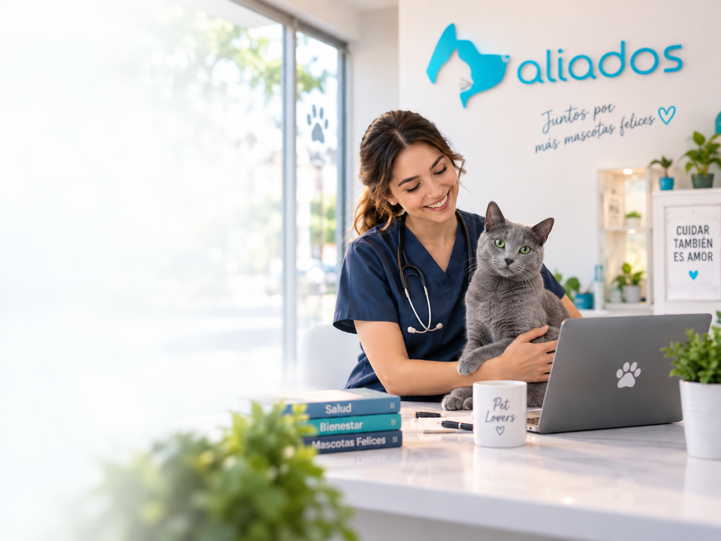 Empleada de tienda de mascotas cobrando con celular y tarjeta junto a un perro y un gato