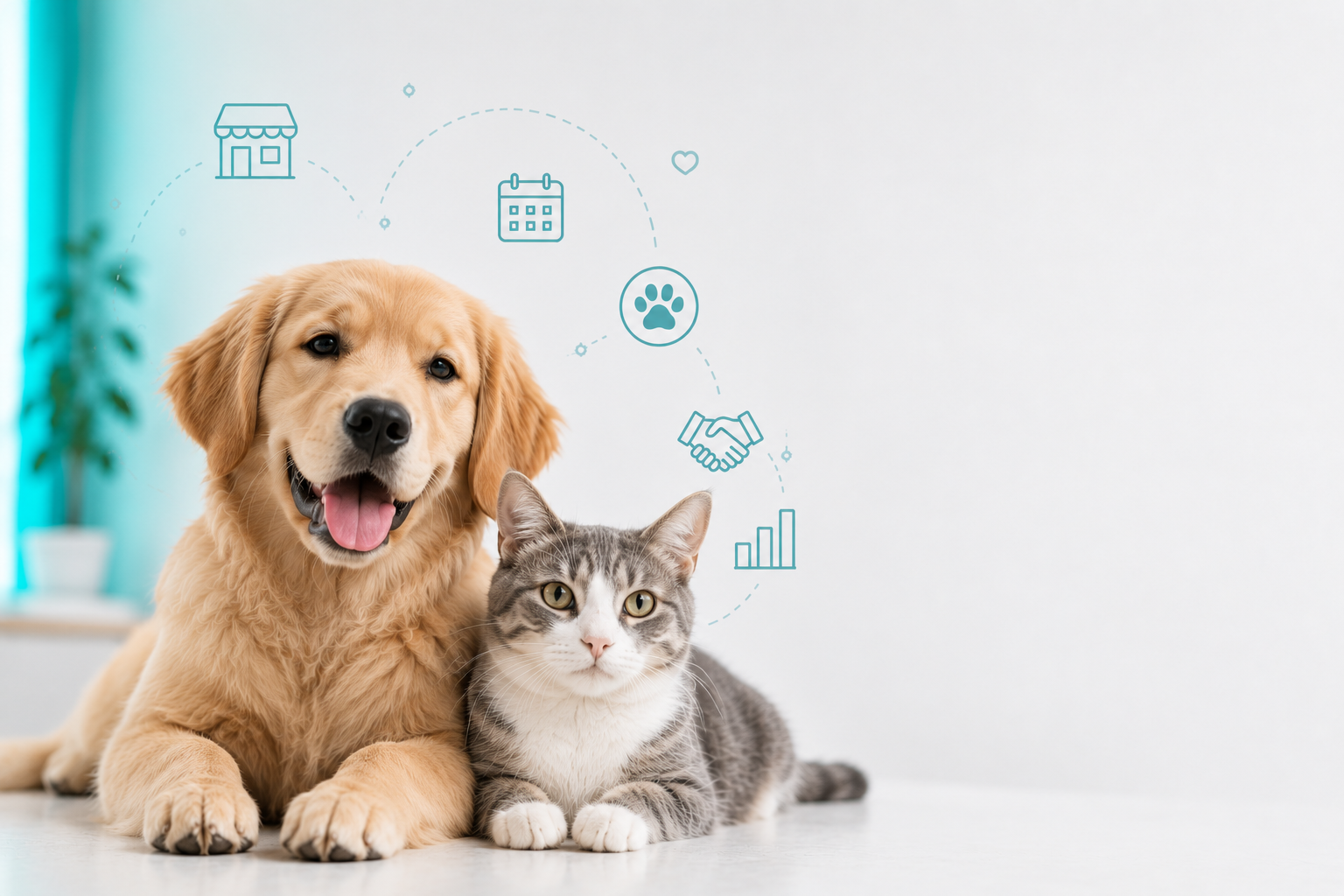 Un perro y un gato junto a símbolos de los servicios de PetyCard