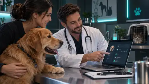 Veterinario y petlover revisan información clínica de una mascota con apoyo de herramientas digitales
