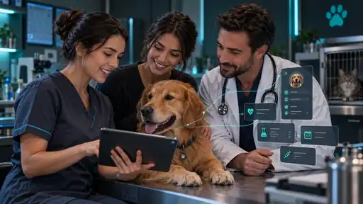 Veterinario, especialista y petlover coordinan el cuidado de una mascota mediante un expediente conectado