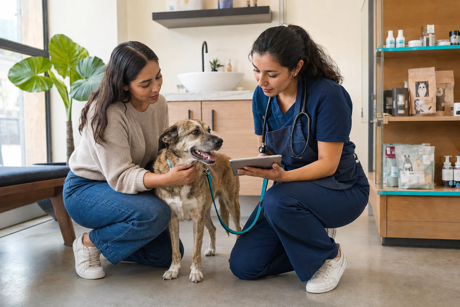 Una petlover y una veterinaria cuidan juntas a un perro en una clínica