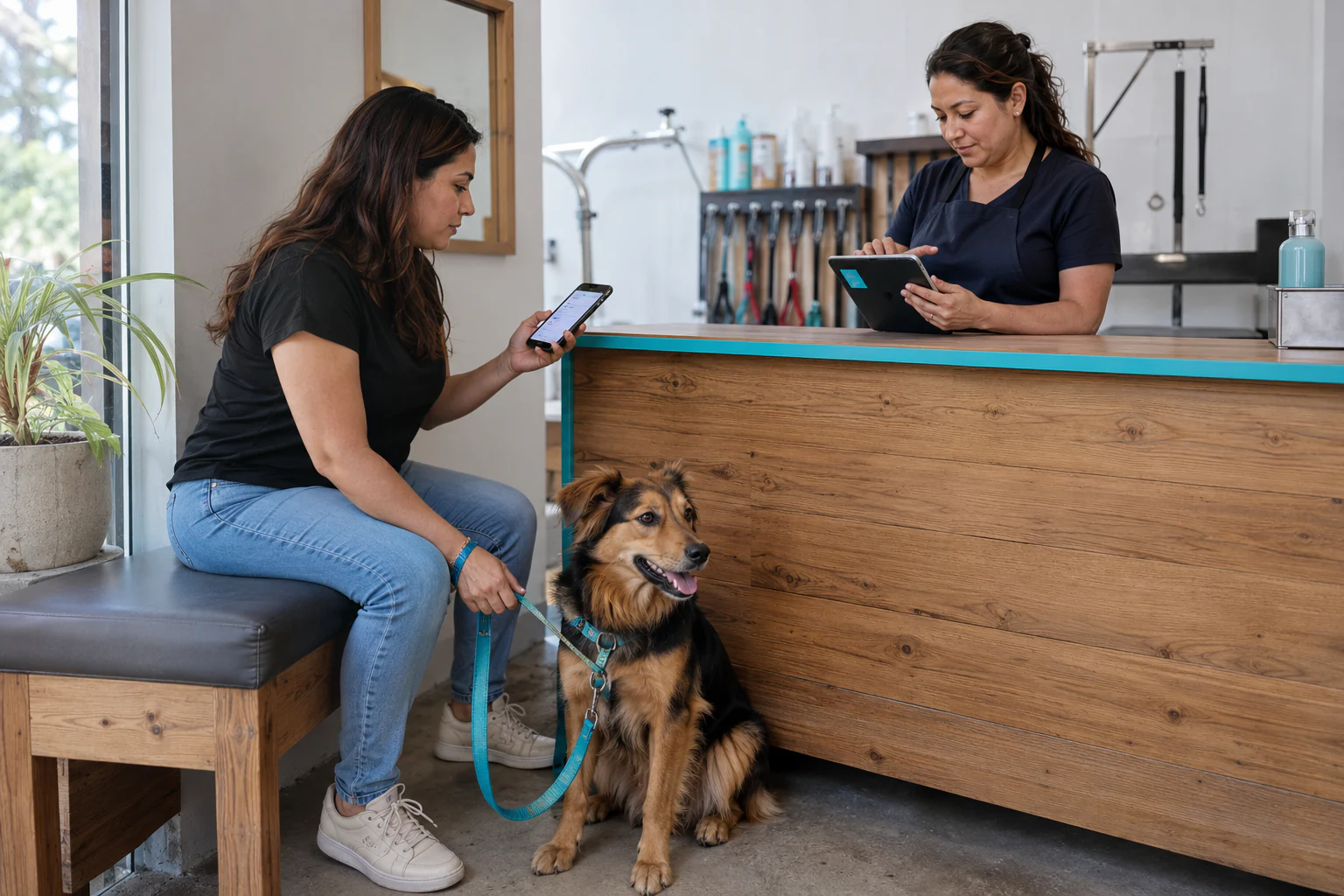 Petlover y su perro reciben atención en la recepción de una veterinaria